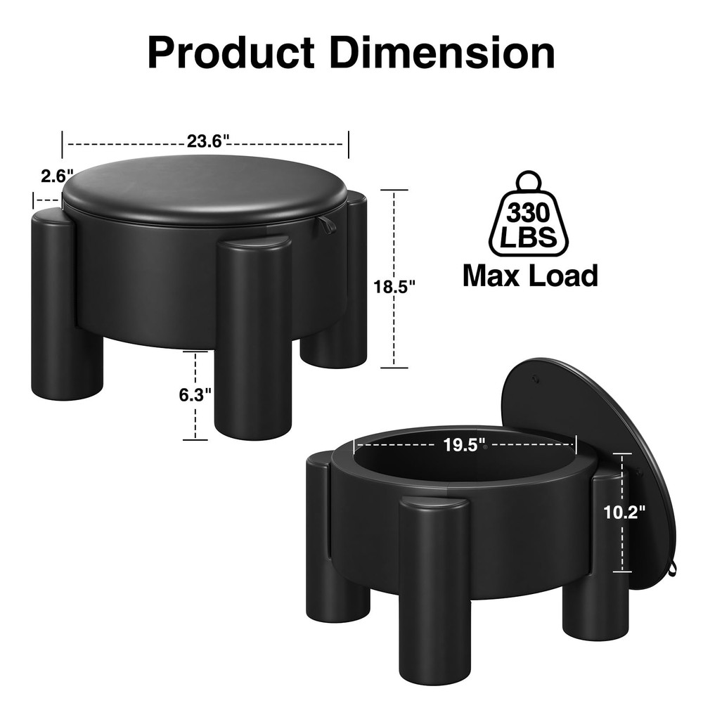 24in Storage Stool Coffee Table with Storage Function, Artificial Leather