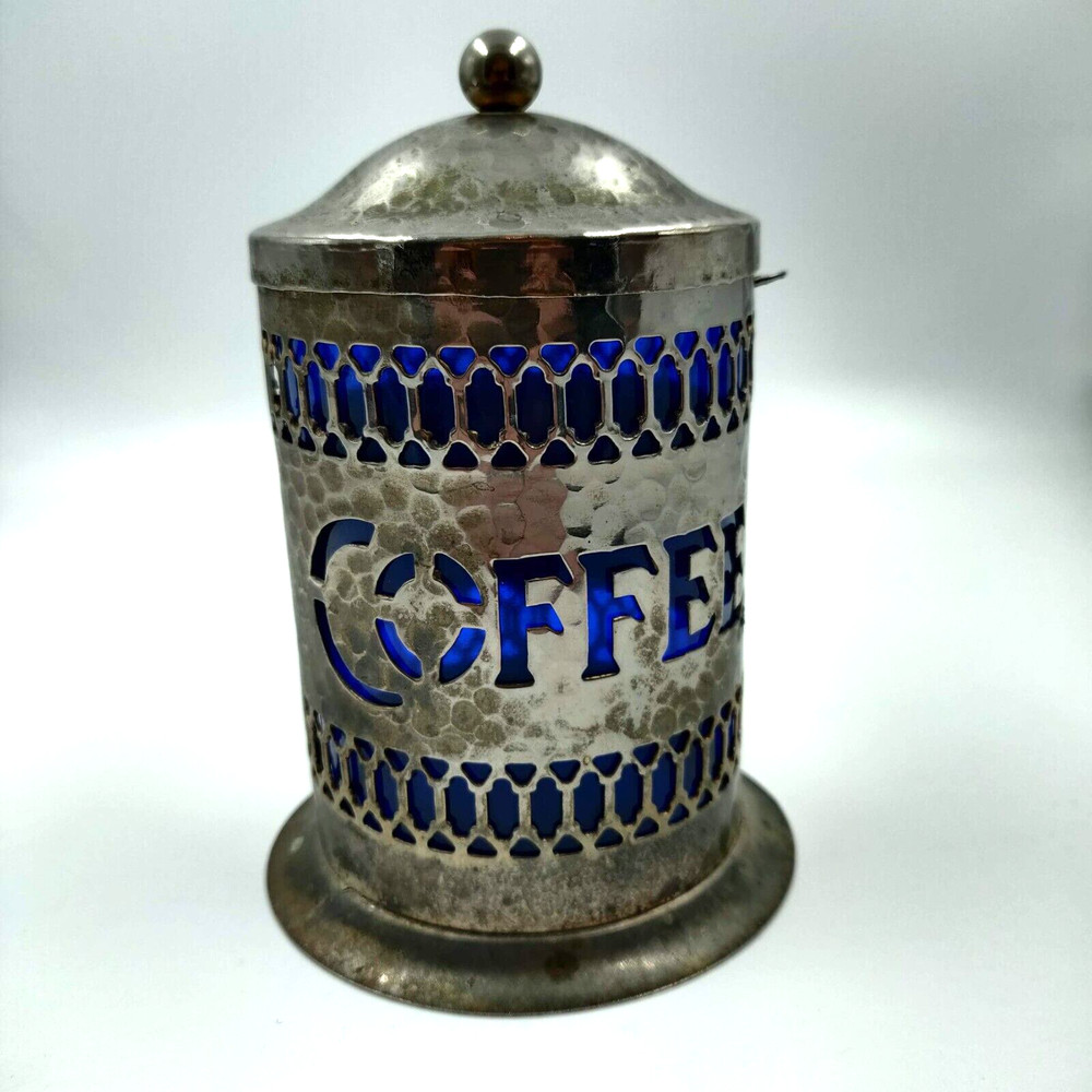Vintage English Hammer Plated Coffee Canister with Blue Plastic Insert Kitchen