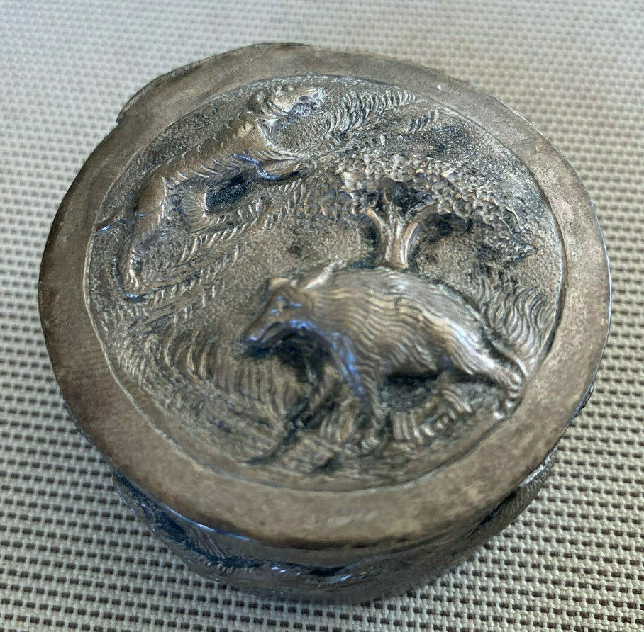 Antique Repousse Silverwork Trinket Patch Box Animals Trees Round Handmade