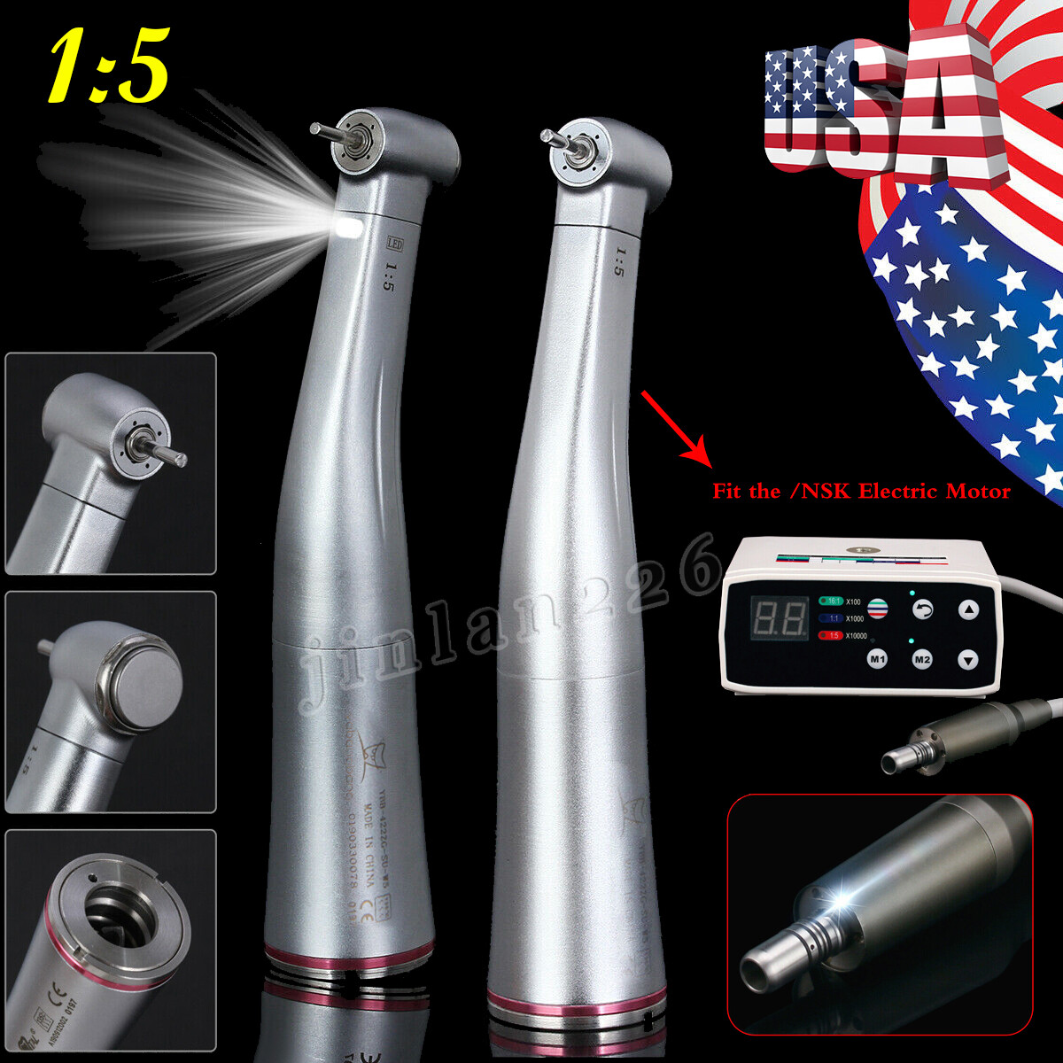 Dental 1:5 Increasing Contra Angle LED Optic Handpiece Fit NSK Electric Motor
