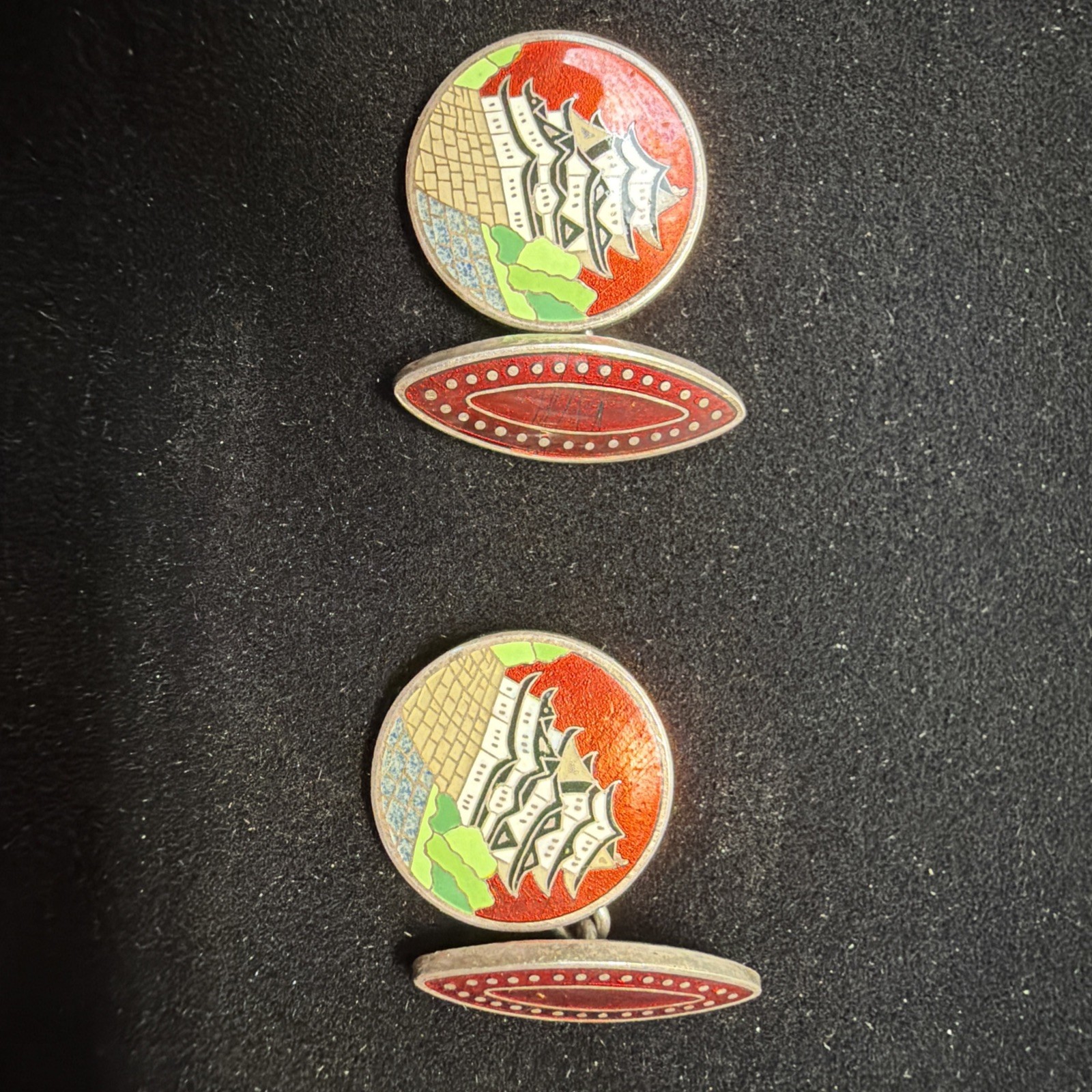 Vintage Japanese Cloisonne Enamel Sterling Silver Cufflinks Red House Palace