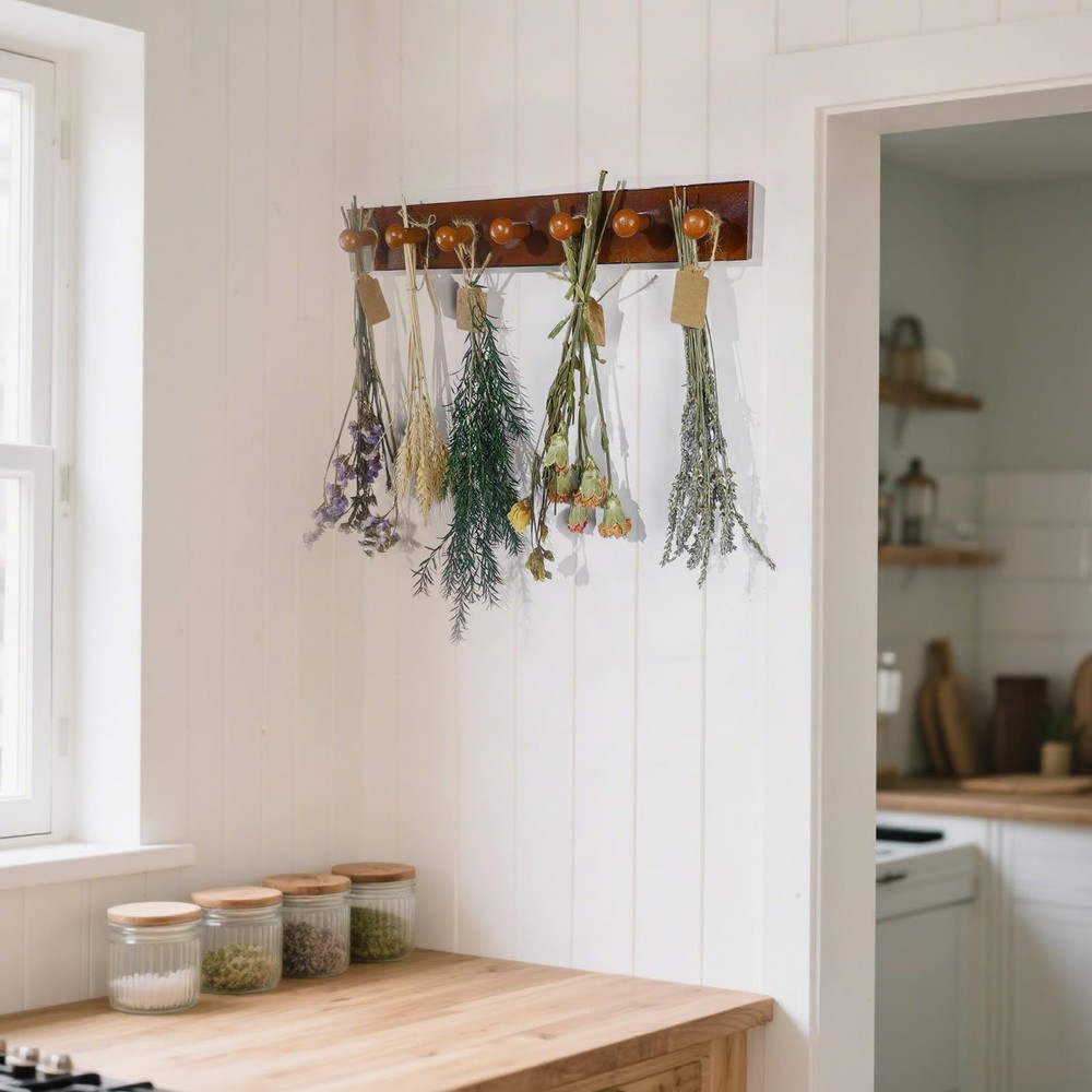 Rustic Hanging Herb Drying Rack–Space-Saving Design Holds 7 Bouquets,Fits Win...