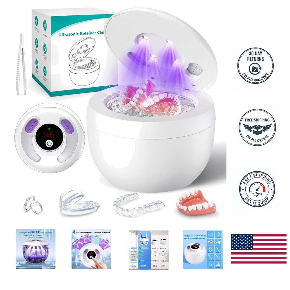 Portable Ultrasonic Retainer Cleaner – 4 Modes & UV Light Technology, White