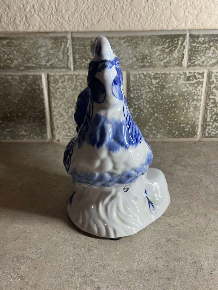 Ceramic Rooster Chicken Hand Painted Cobalt Blue 8" Tall EUC