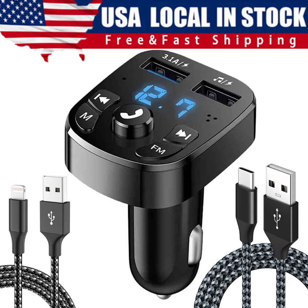Bluetooth 5.0 Car Wireless FM Transmitter Adapter 2USB PD Charger AUX Hands-Free
