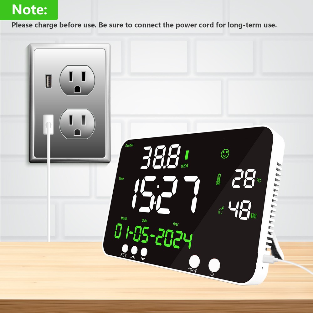 Decibel Meter Sound Level Reader LED Time Temperature Humidity Noise Meter