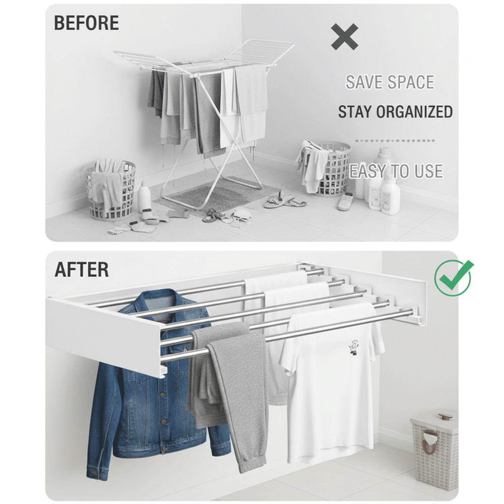 Wall Mounted Stainless Steel Clothes Drying Rack 32", Foldable Collapsible