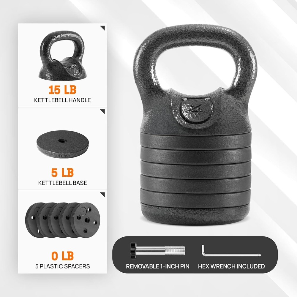 Adjustable Kettlebell Set, 20–40 LB Weight Set, Solid Cast Iron Handle with S...