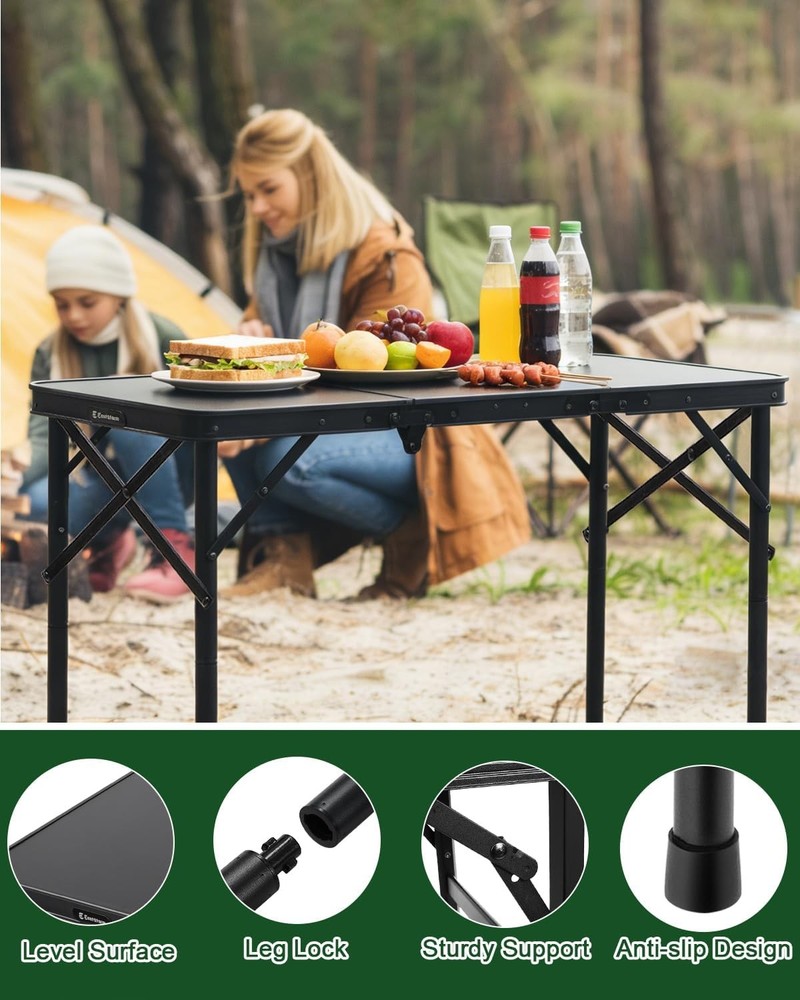 3ft Folding Camping Table Folding Table W/ 3 Adjustable Height Portable Table W/