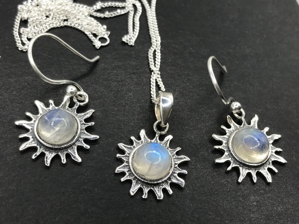 Rainbow moonstone pendant earrings set, solid Sterling silver, sun, gift box.