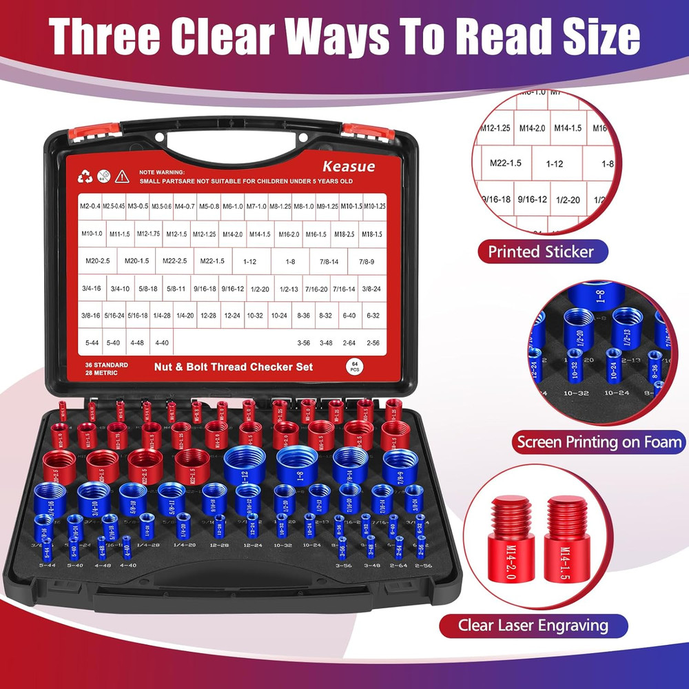 64Pcs Thread Checker, Nut and Bolt Thread Checker, 36 Inch & 28 Metric Box Set T