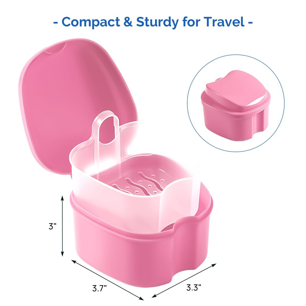 JMU Denture Bath Case, Cup for Soaking Dentures with Small, Pink