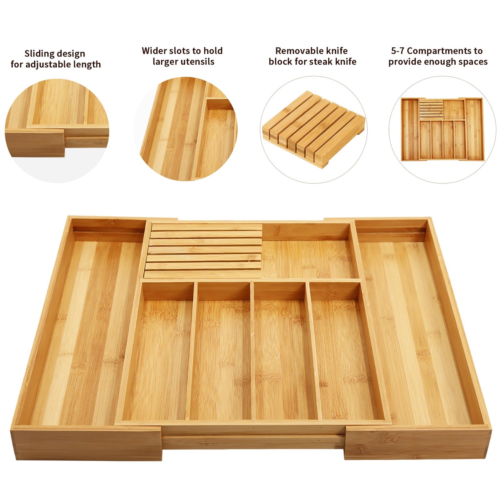 VaeFae Bamboo Silverware Drawer Large - Expandable with Block, Natural