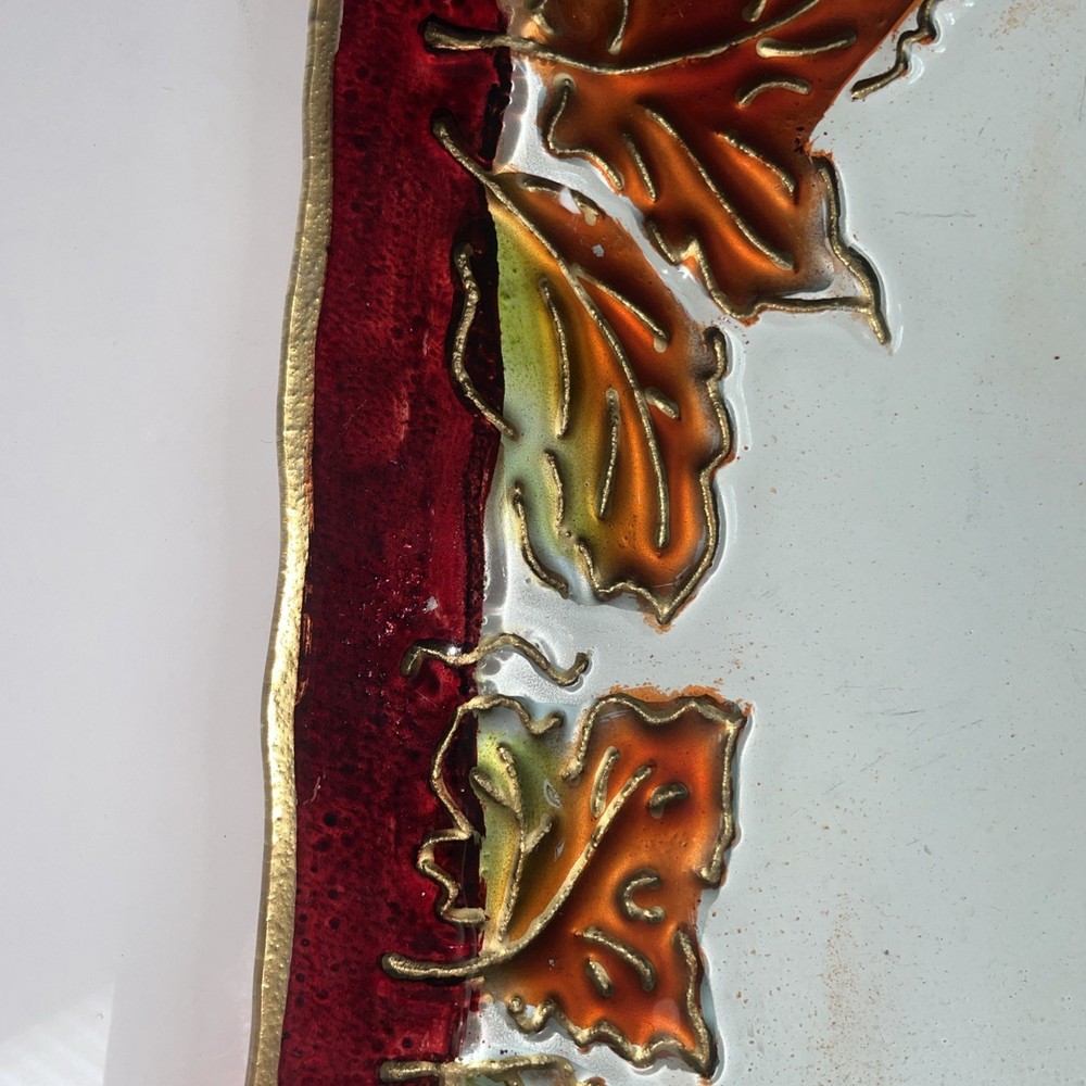 Fused Glass Tray Fall Leaf Pattern Rectangle Red & Brown Tones 12” x 8”