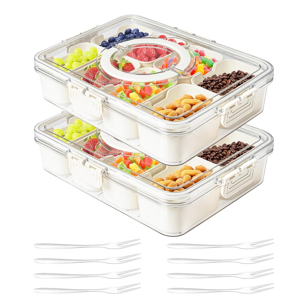 Dunruz Snackle Box 2 Pack-8 Compartments, Transparent and white