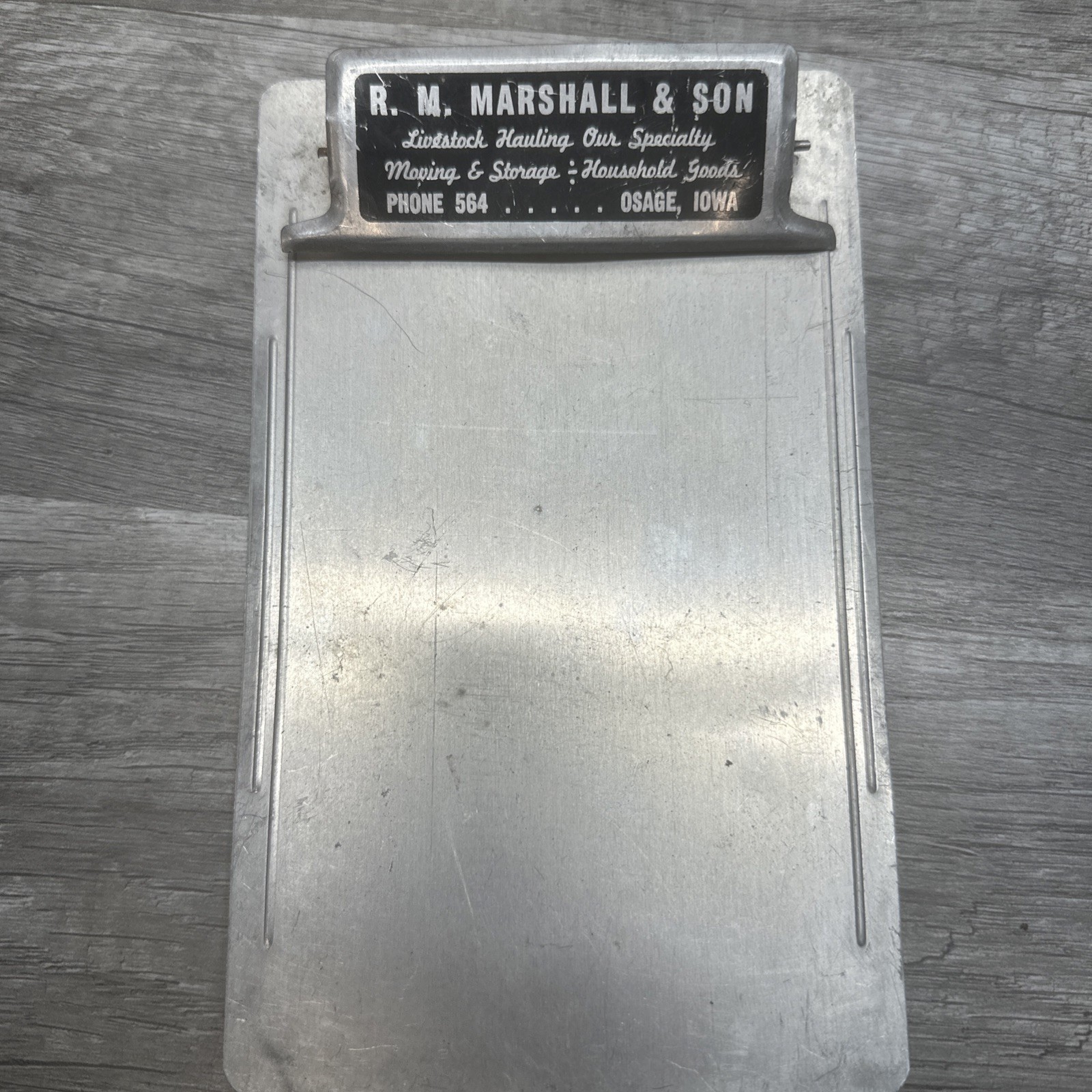 Vintage R. M. MARSHALL & SON Metal Clipboard Osage Iowa