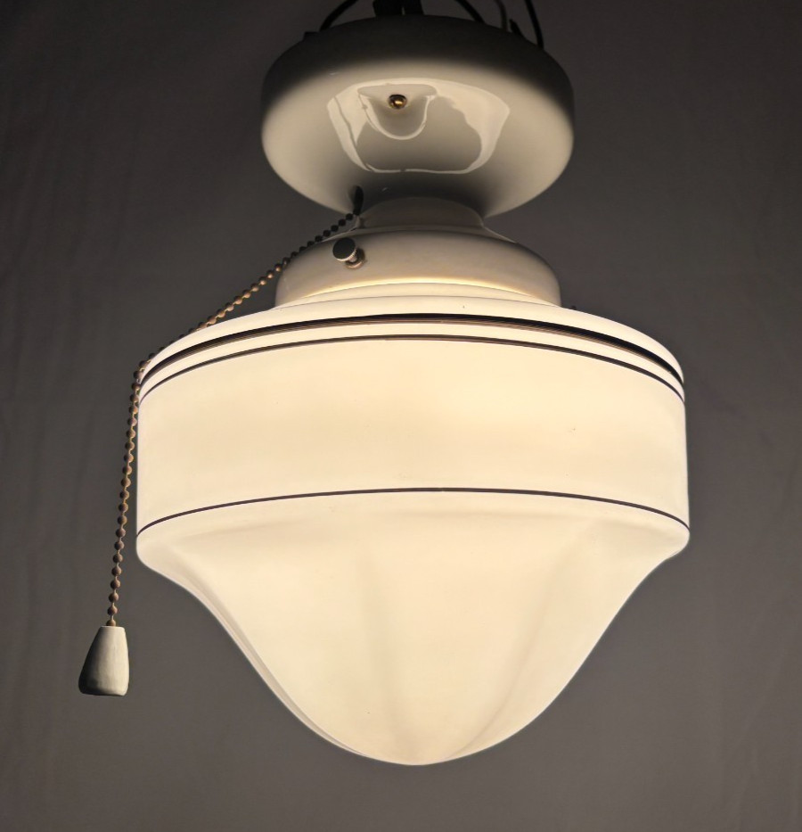 Vtg Porcelain Light Fixture Ceramic Ceiling Art Glass Shade Stripe USA #L99