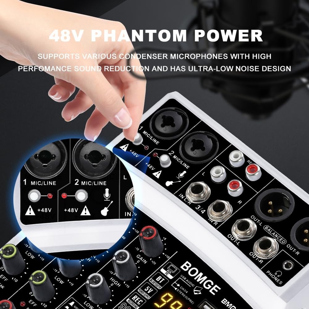 BOMGE 4 Channel dj Bluetooth Audio Mini Mixer with 99DSP Processor, USB Inter...