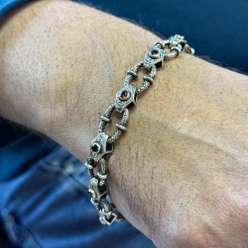 Men Silver Ruby Hand-Engraved Bracelet, Red Ruby Gemstone Chain Bracelet