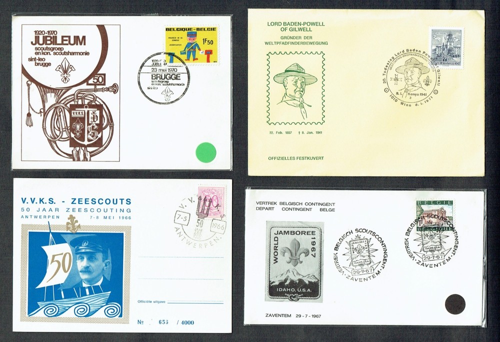 8 BELGIUM STAMP CARDS. VARIOUS SCOUTING COMMEMORATIVE ISSUES. FINE CONDITION.