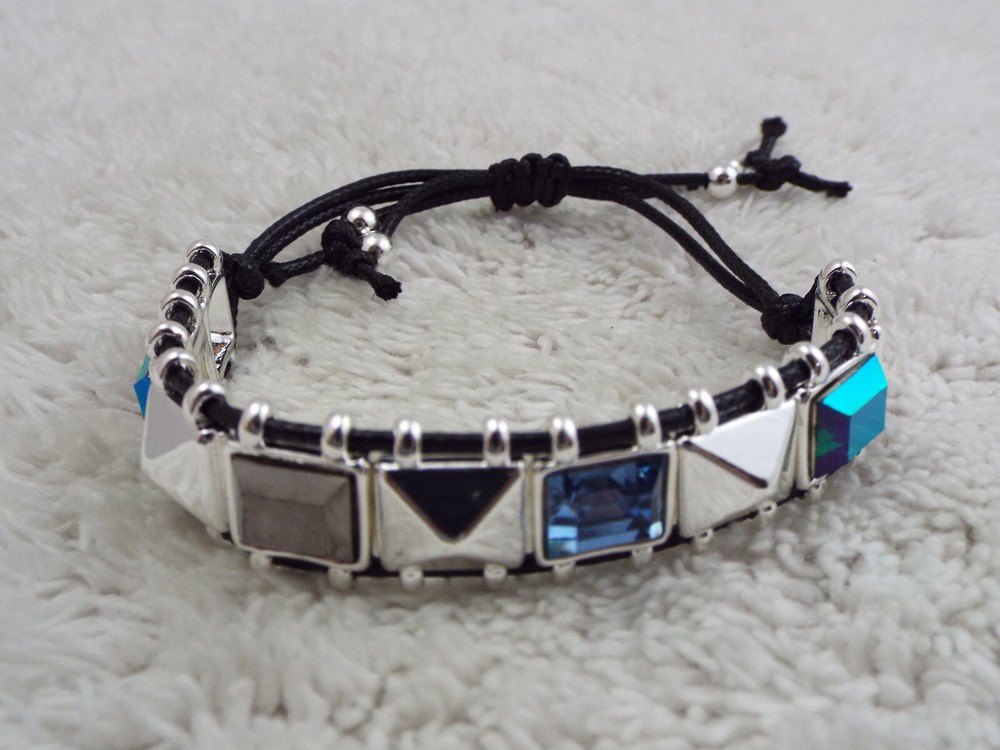 Silvertone Blue Bead Black Cord Adjustable Bracelet