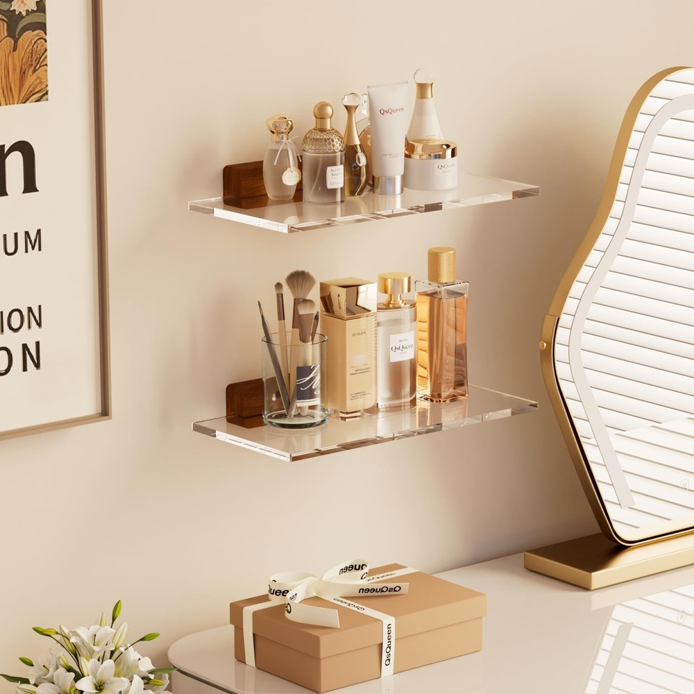 Acrylic Floating Shelves with Solid Wood Base, Wall Mounted Shelf for Plants,...