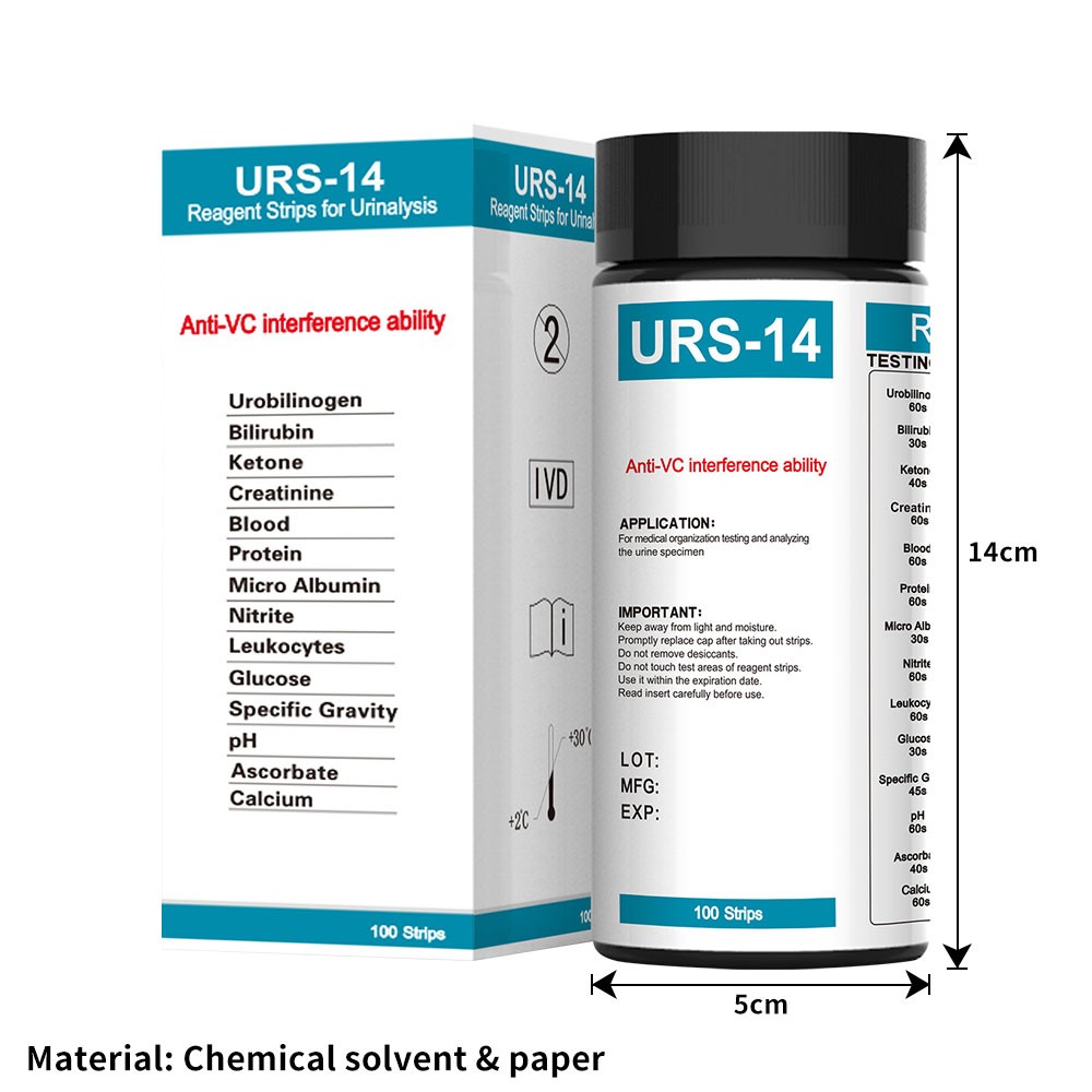 Convenient 100 Strips/Box Accurate Urinalysis 14Parameter Urine PH Test Strips