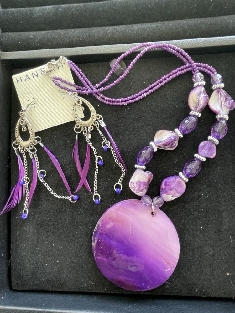 Purple Beaded Stone Charm Necklace/feather Earrings Set