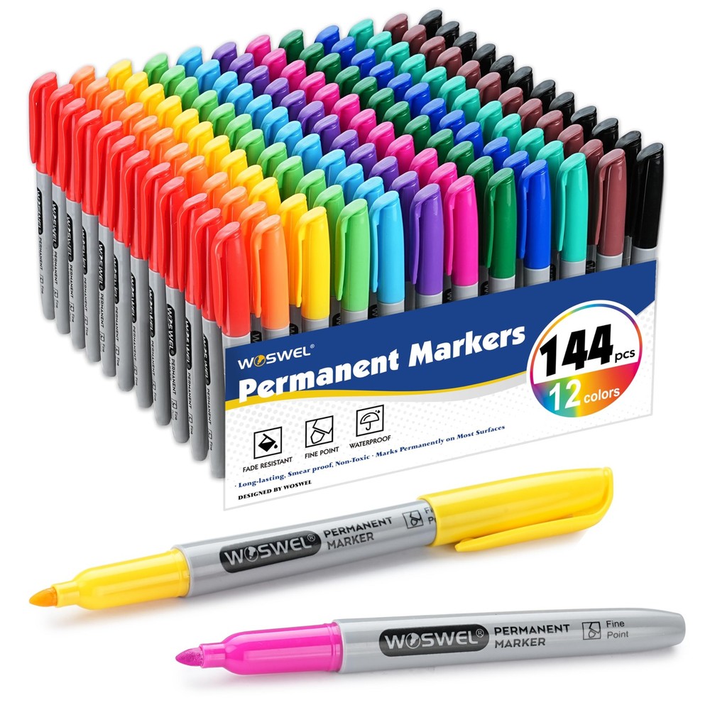 Permanent Markers Bulk, 144 Pack Permanent Marker Set, 12 Assorted Colors, Fi...