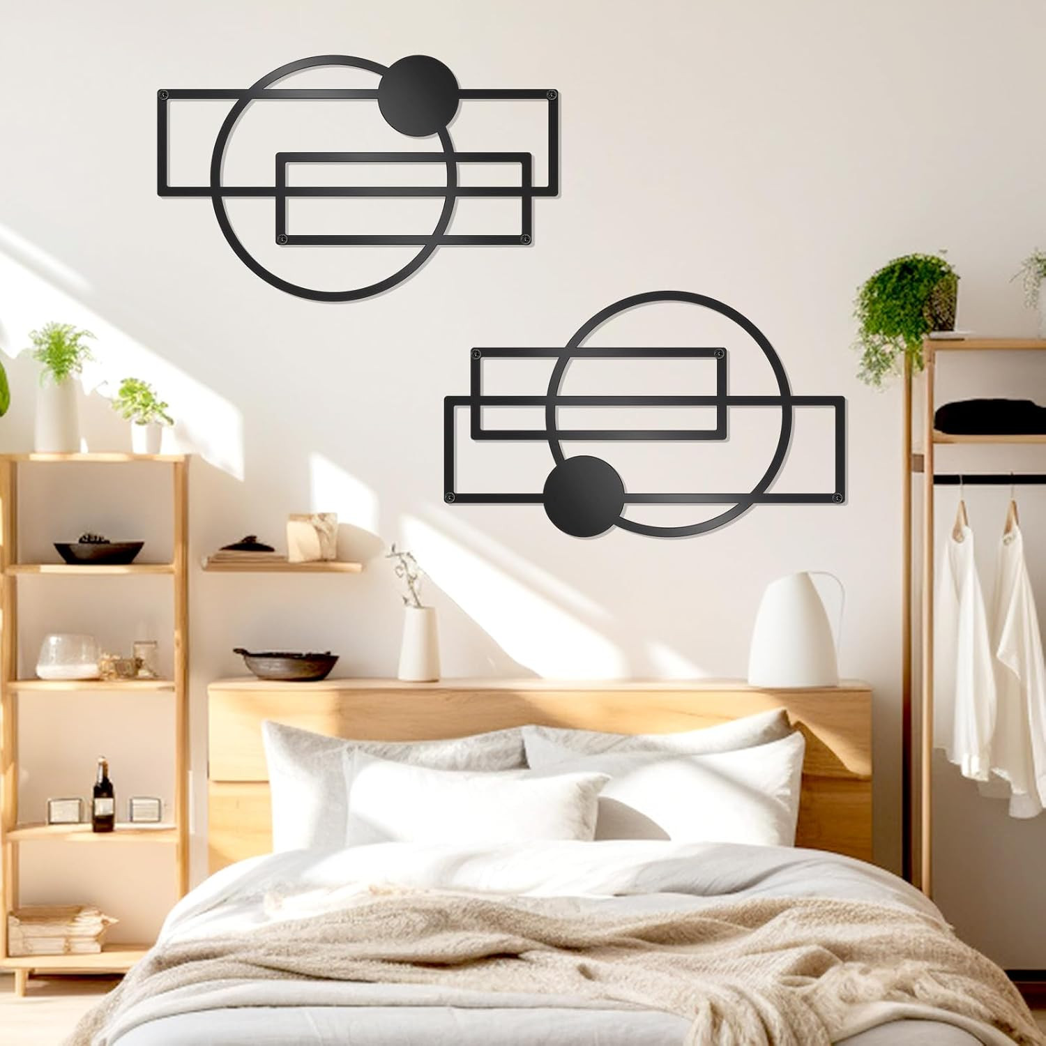 2 Pcs Metal Abstract Wall Art,Modern Geometric Decor (Black, Style 1)