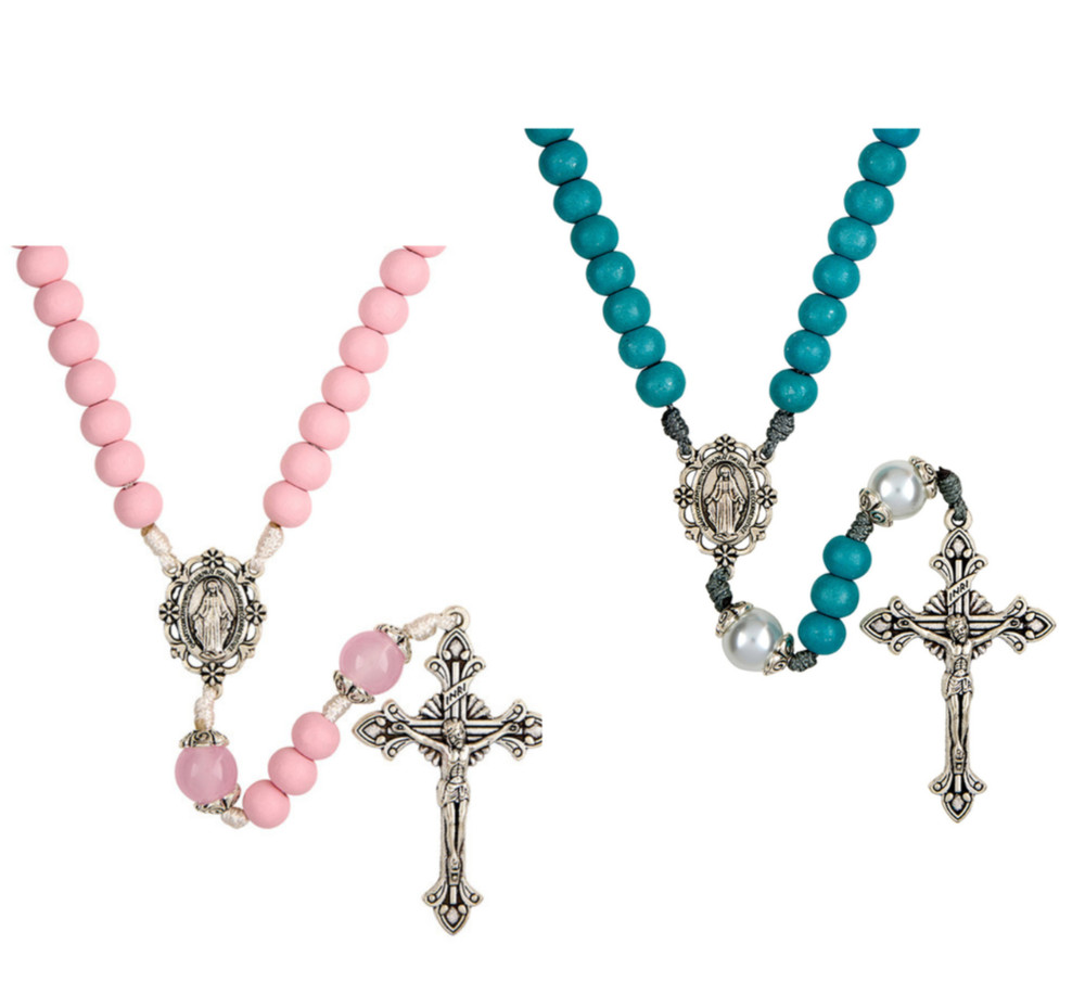 Girl's Corded Teal AND Pink Cord Wood & Glass Beads Miraculous Medal Rosary Set