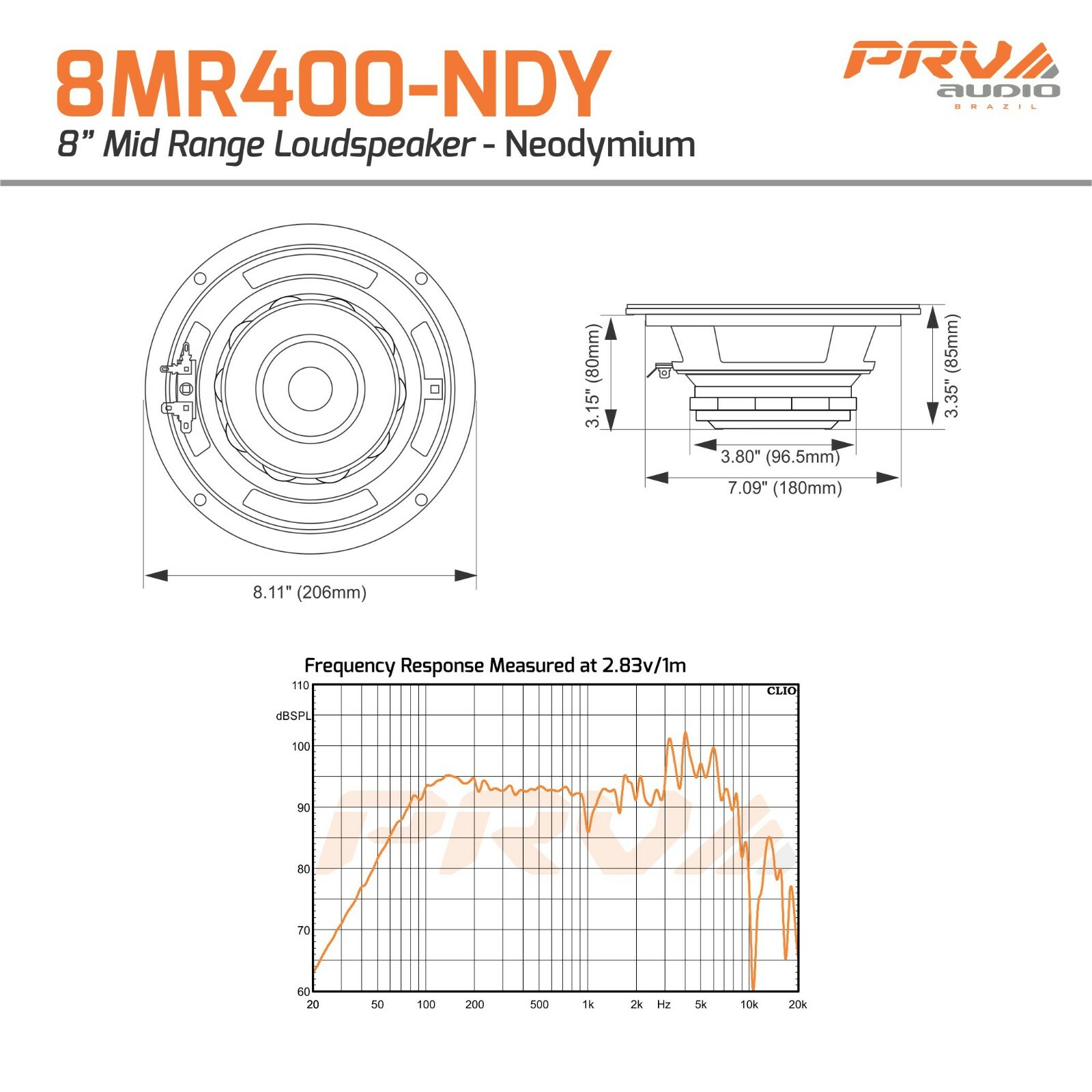 4x PRV Audio 8MR400-NDY Neodymium 8" Midrange Loudspeakers 400W 8 Ohms 8MR Neo