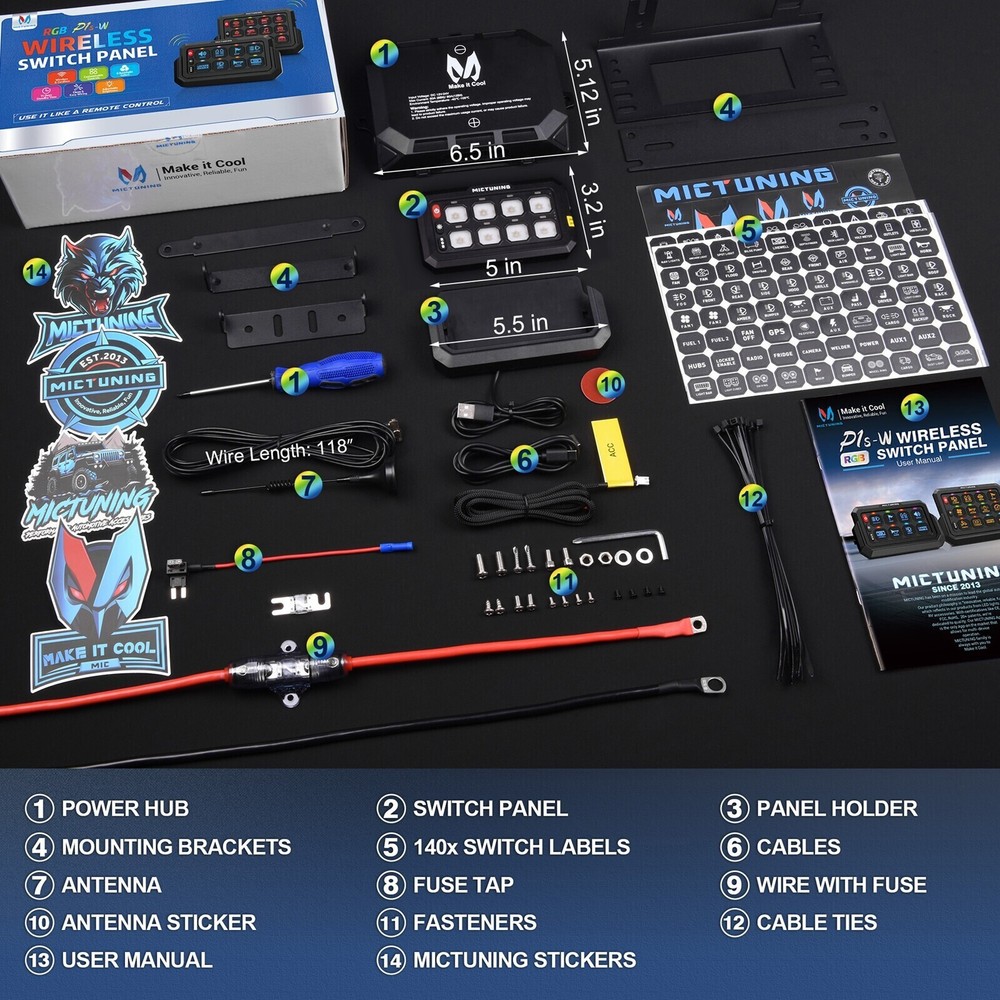 MICTUNING RGB 8 Gang Wireless Switch Panel, Circuit Control Relay System Box