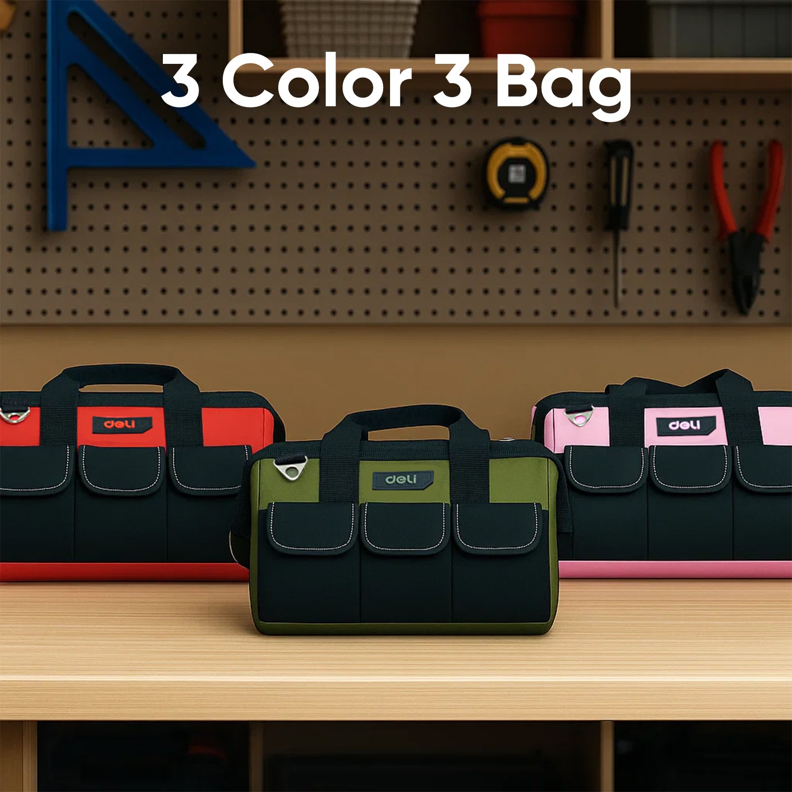 Deli 13 Inch Heavy Duty Contractor Tool Bag with Pockets Adjustable Strap, Red