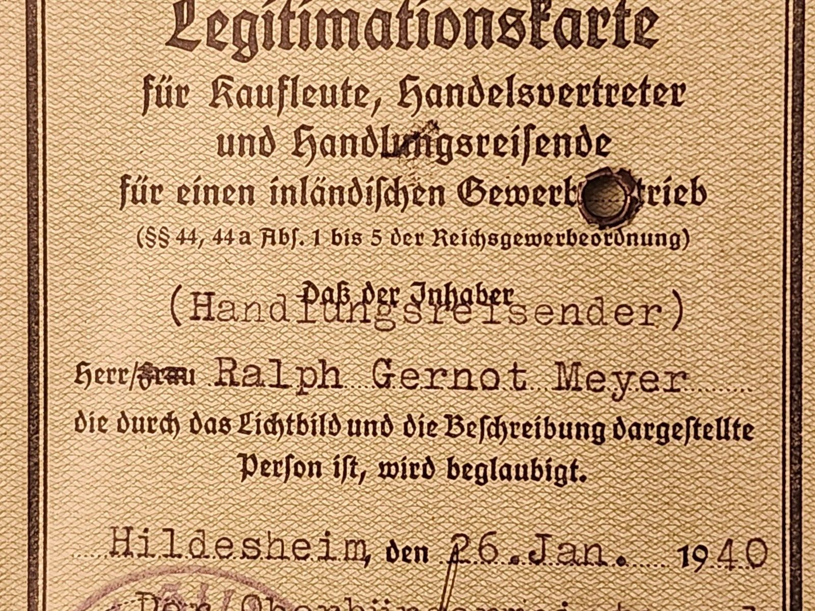 WW2 German. Legitimationskarte 1940.