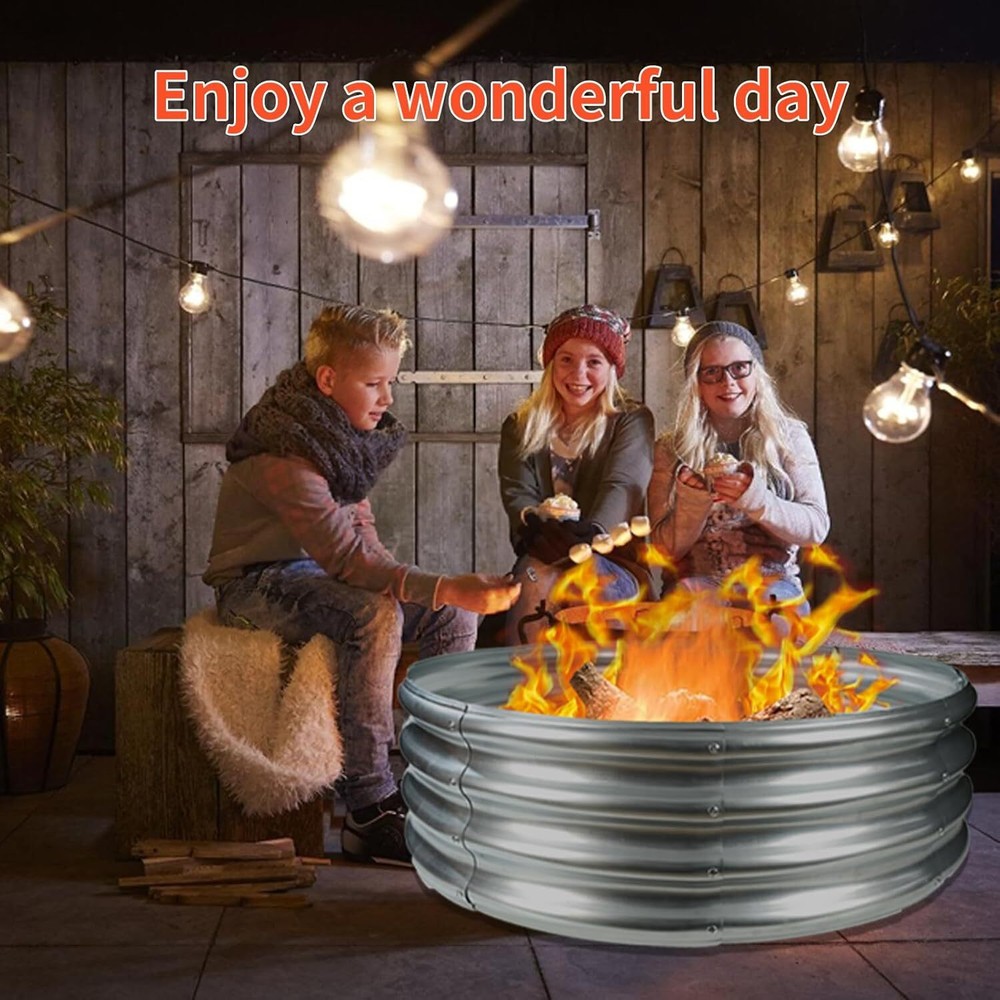 36-inch round galvanized fire pit ring - collapsible, (3-foot diameter, silver)
