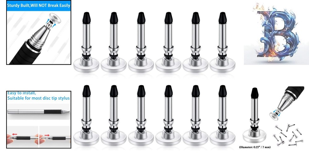 Stylish Black & Silver 12 Pcs Stylus Tips - Easy Install for Touch Screen Uses