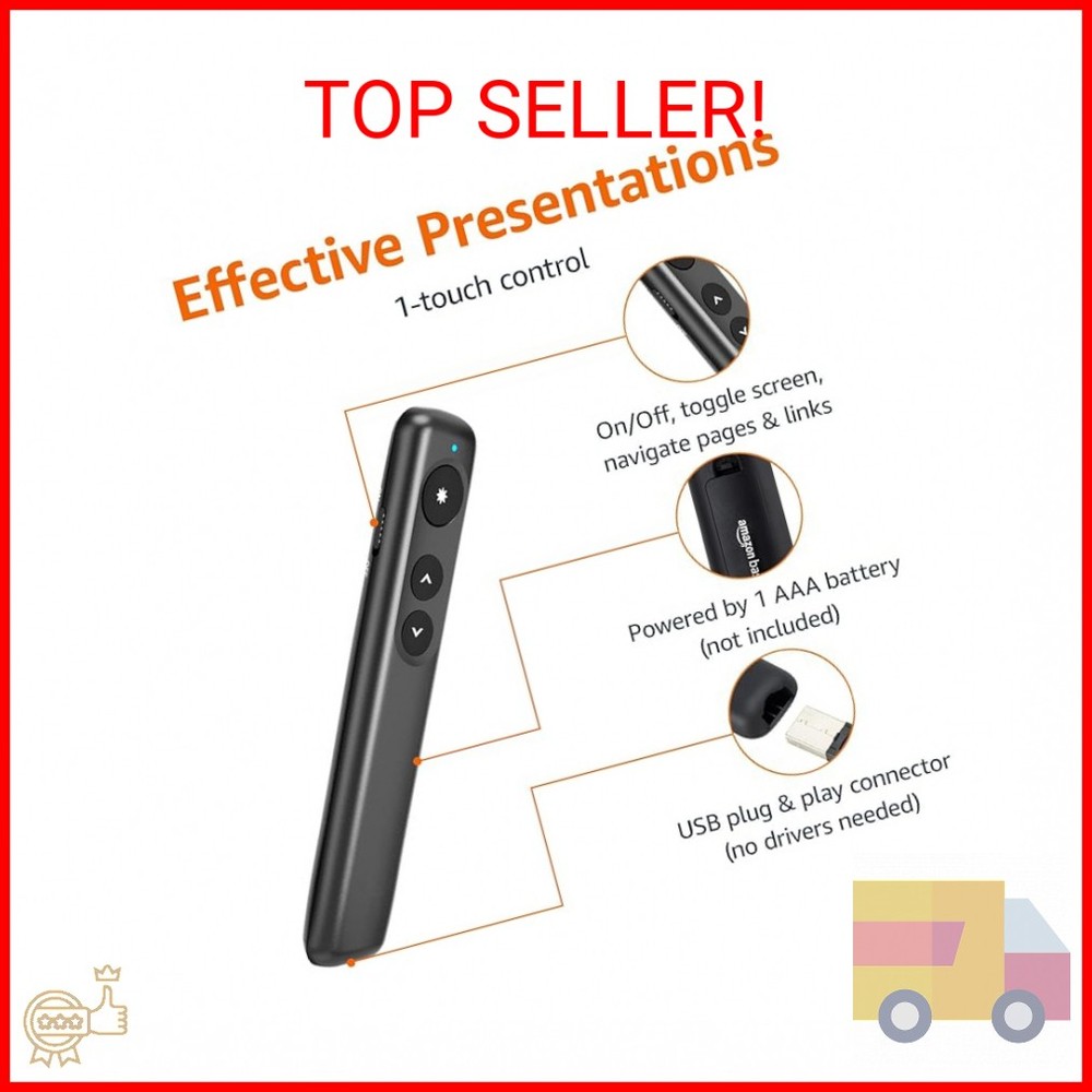 Amazon Basics Wireless Presenter Remote, Presentation Clicker with Red Laser Poi
