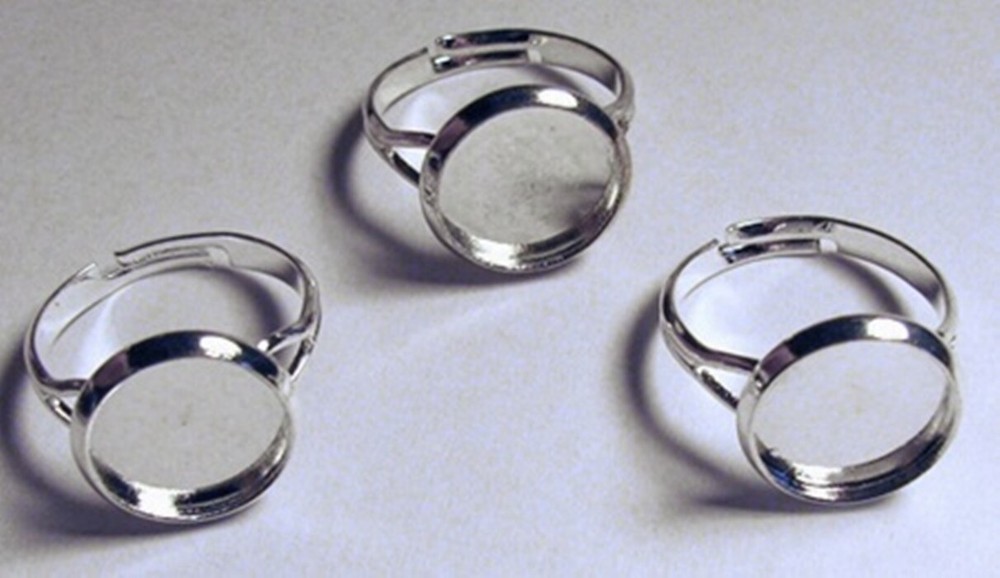 100 SILVER PLATE Adjustable RING BLANKS Beveled pad for 12mm Cabochon Bezel edge