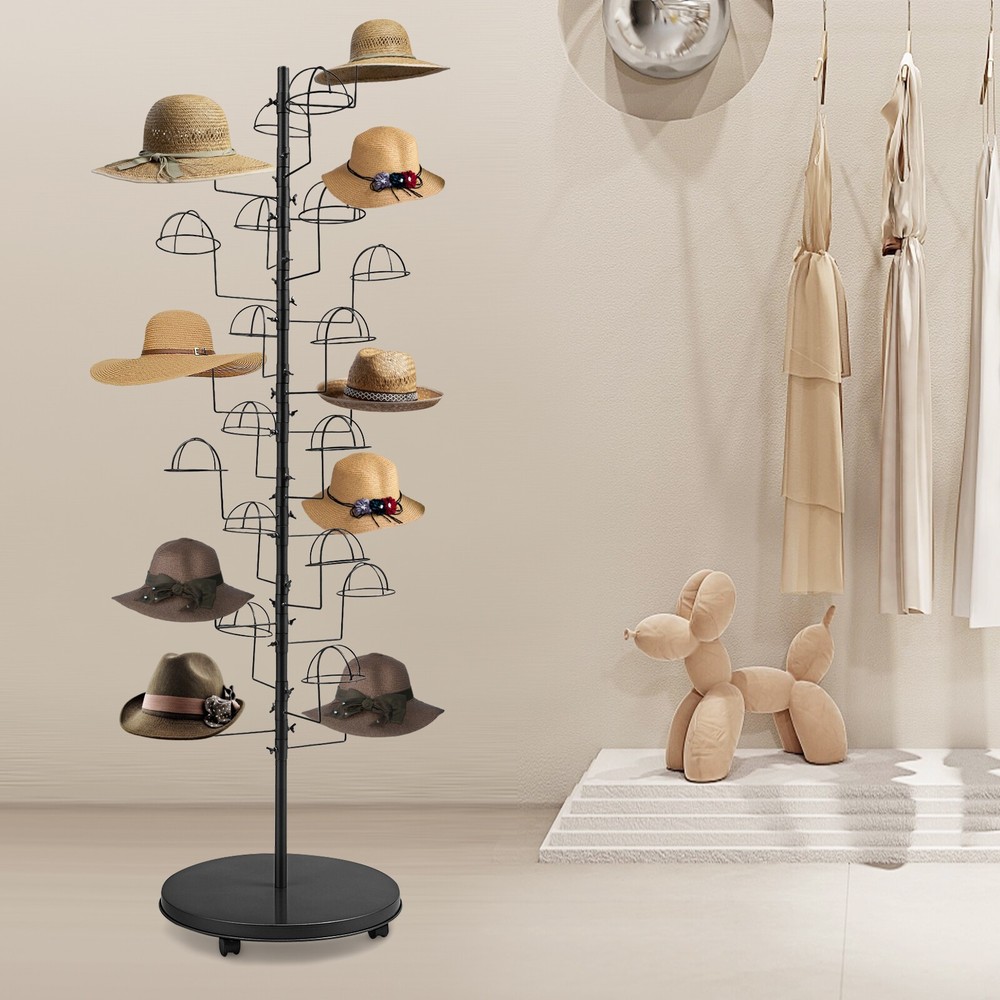 Freestanding Black Hat Display Rack with 25 Hooks for Easy Storage