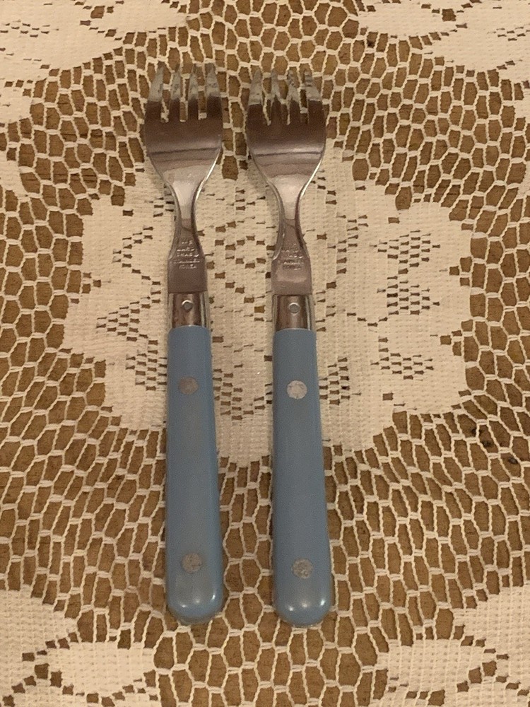 WF Washington Forge Mardi Gras LIGHT BLUE Stainless Dinner Forks Flatware (2)