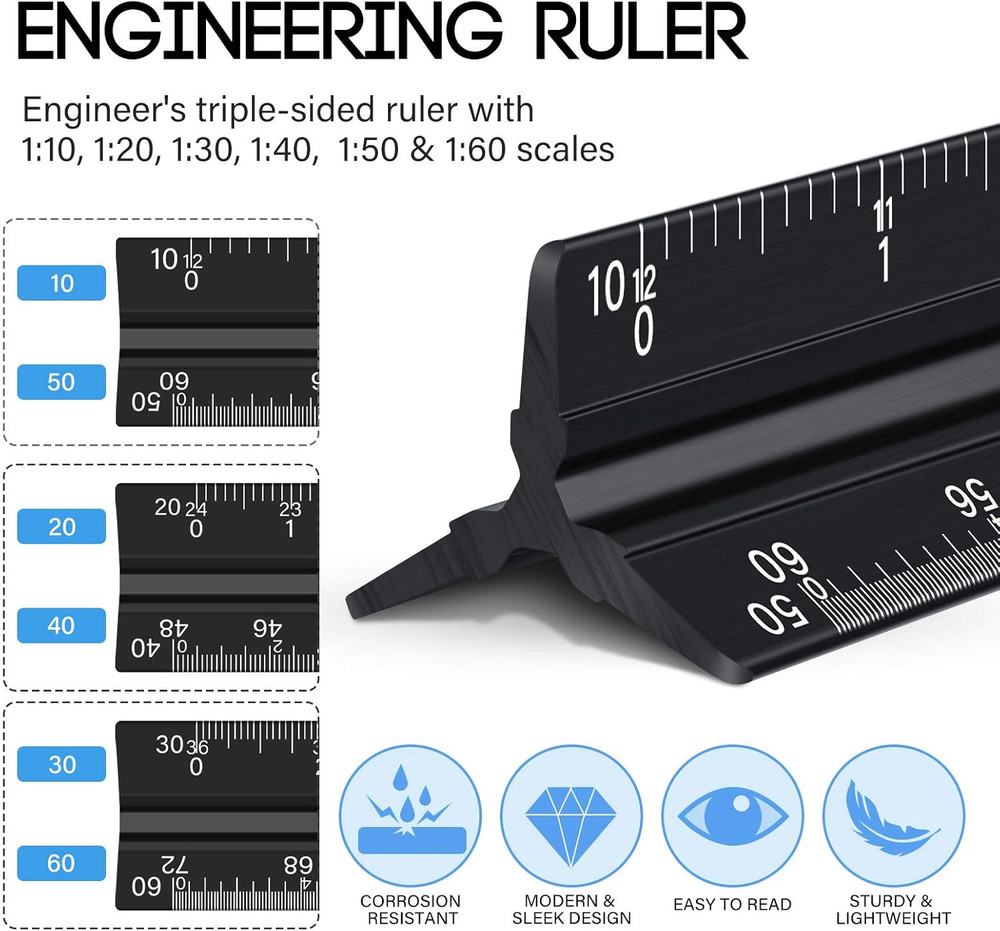 10 Pieces 12 Inch Architectural Scale Ruler Aluminum Triangular Engineering Rule