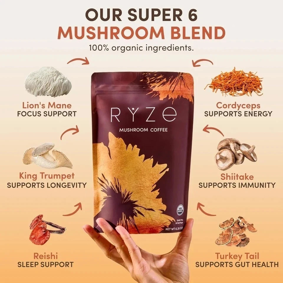 RYZE Mushroom Coffee USDA Organic with 6 Adaptogenic Mushrooms 30 servings New