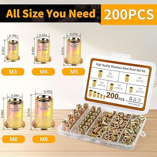 200PCS Metric Rivet Nut Kit M3 M4 M5 M6 M8 Rivnut Threaded Insert Assortment
