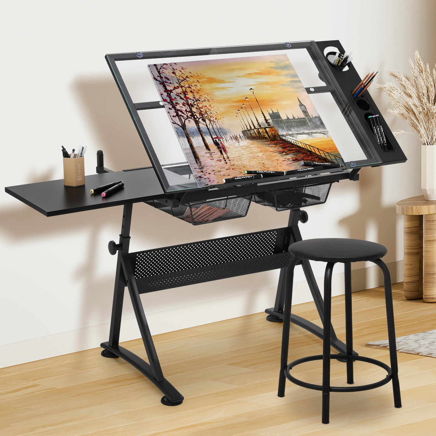 Drafting Table Adjustable Tempered Glass Art Craft Drawing Work Station w/Stool