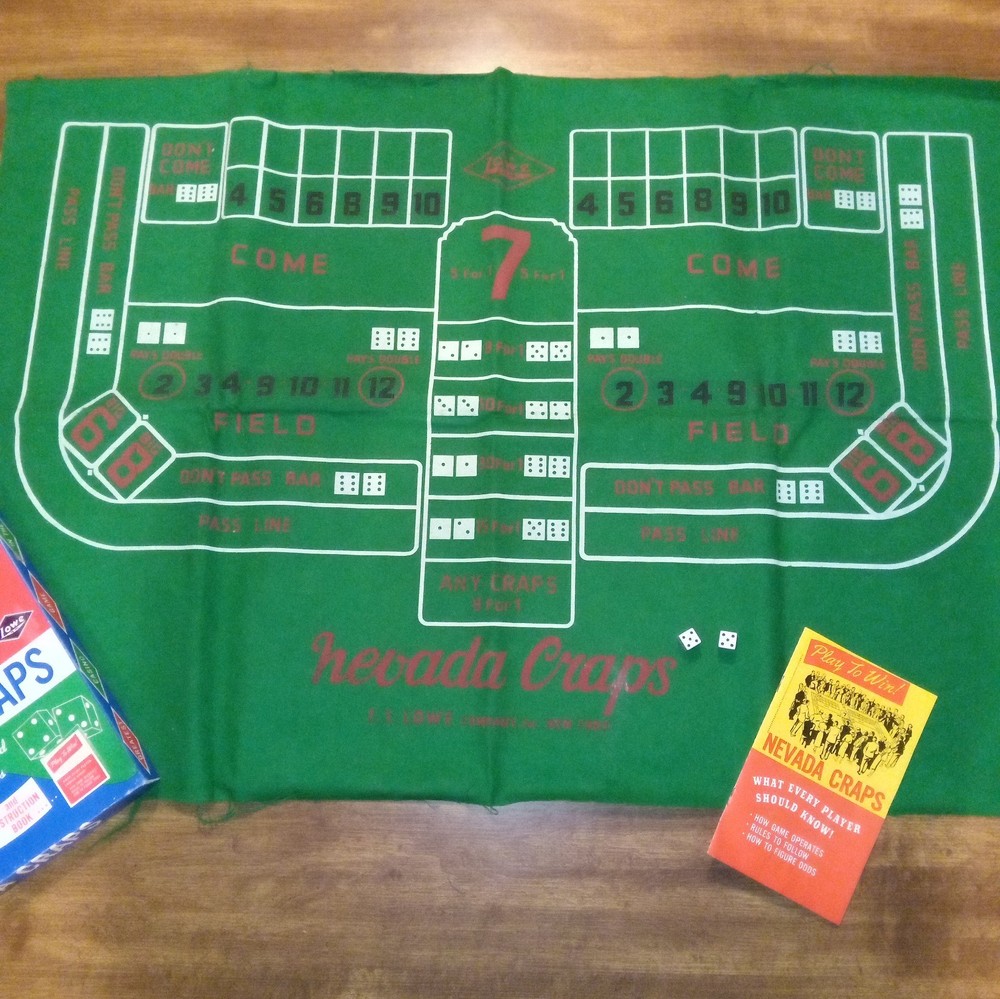 Vtg. E.S. Lowe Nevada Craps Layout Cloth, Dice, Book.