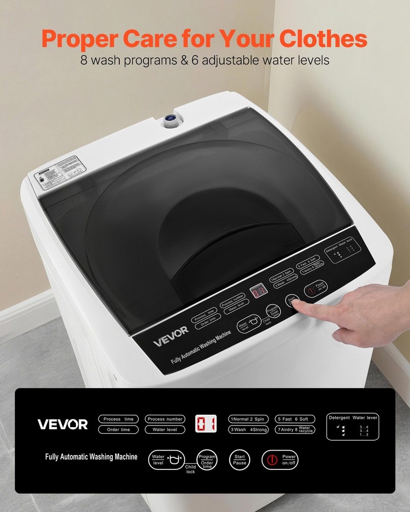 Portable Washer 1.3cu.ft, 8 Program Settings, 6 Water Levels, LED Interface