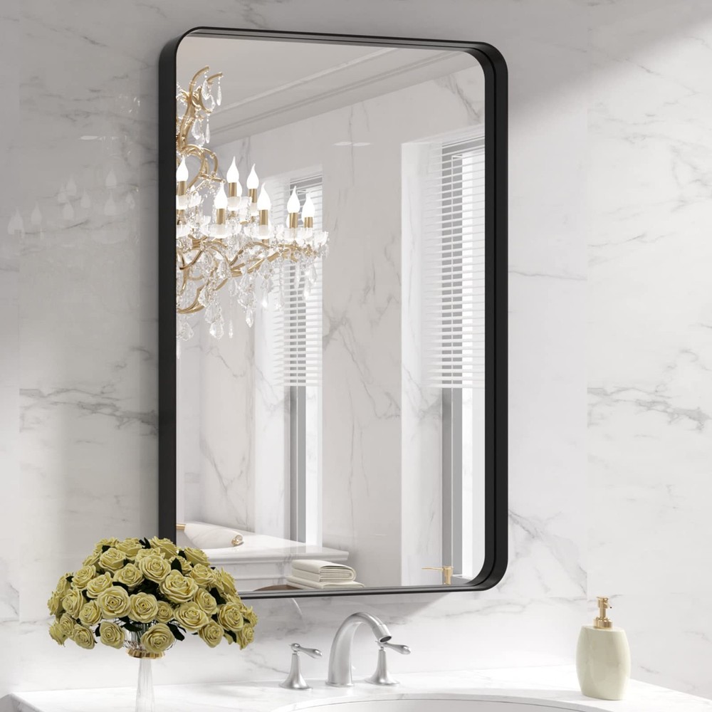 24x36" Black Metal Frame Bathroom Mirror - Rounded Rectangle, Anti-Rust Design