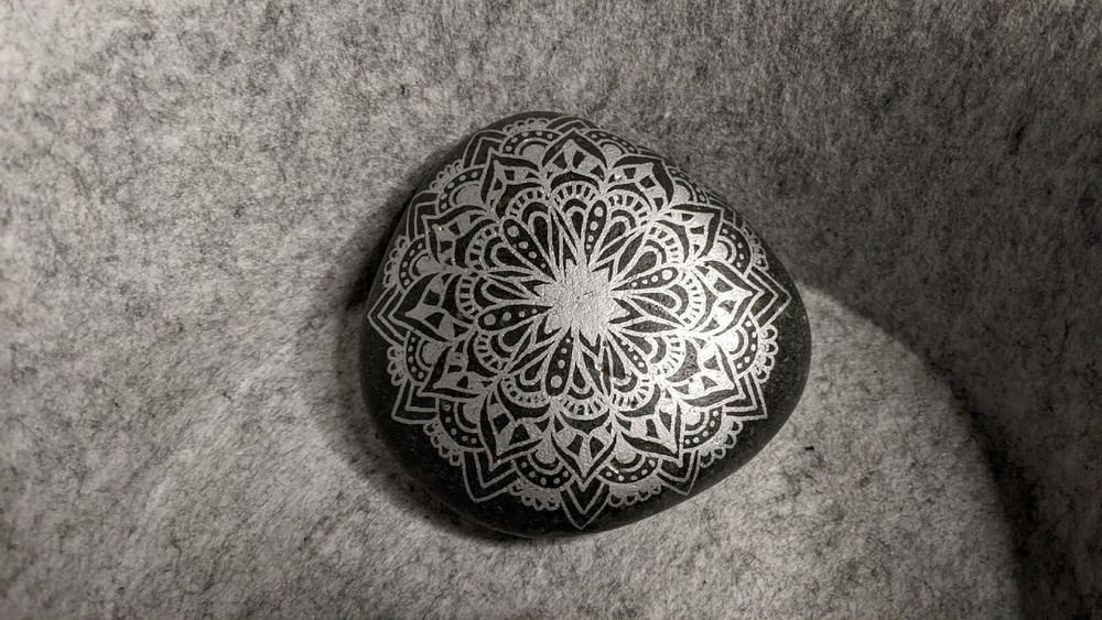 Hand Painted Rock / Stone - Mandala Zentangle silver black gray