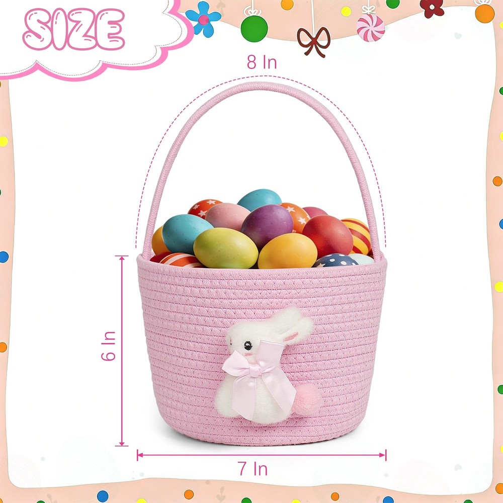 Pink Easter Basket, Bunny Easter Baskets for Kids, Baskets with Handle for Gi...